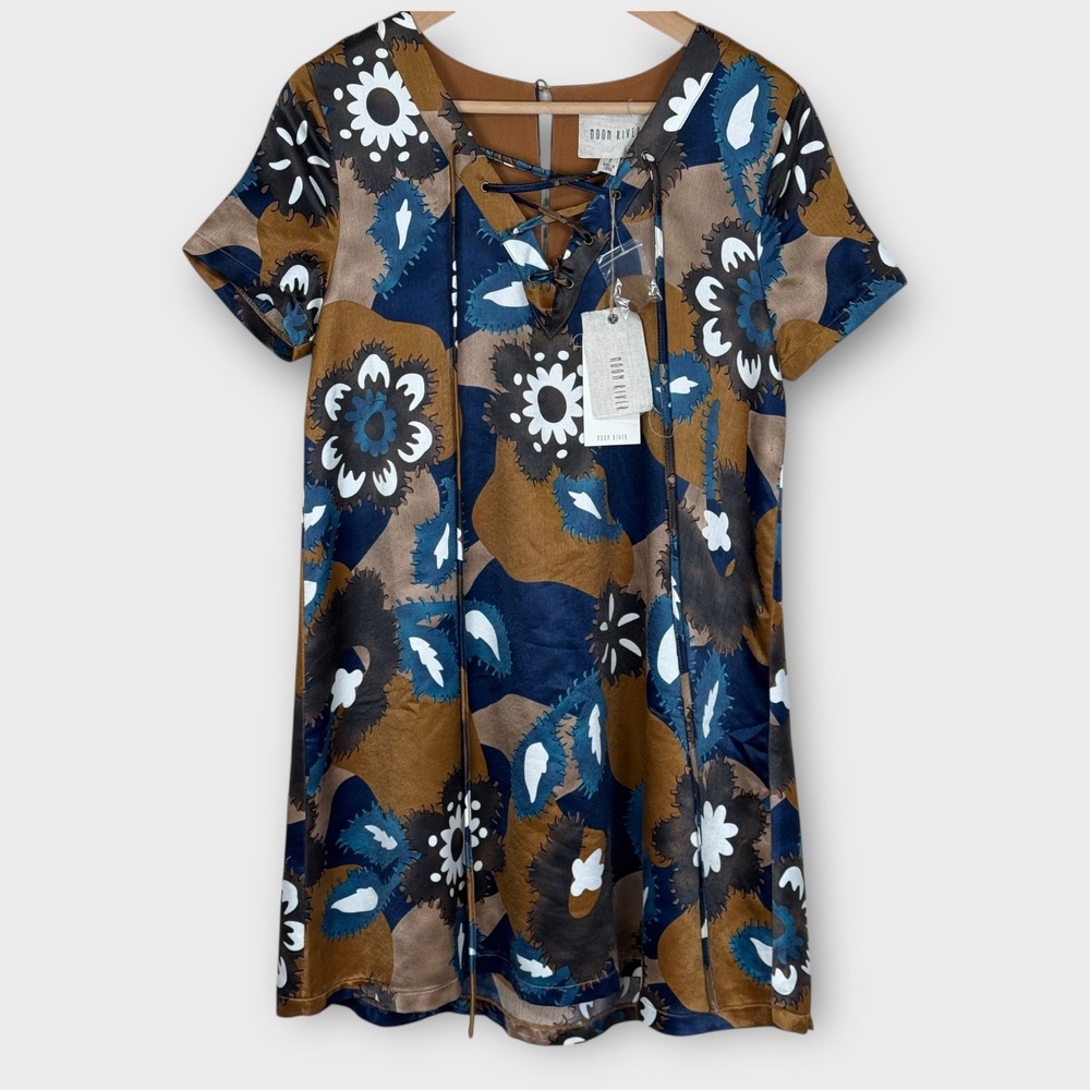 Moon River Boho Satin Mini Dress M Short Sleeve Lace-Up V-Neck Hippe Festival‎